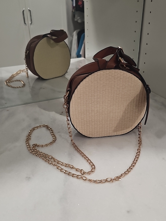 Handbags - Round Woven Crossbody Bag - Beige and Brown